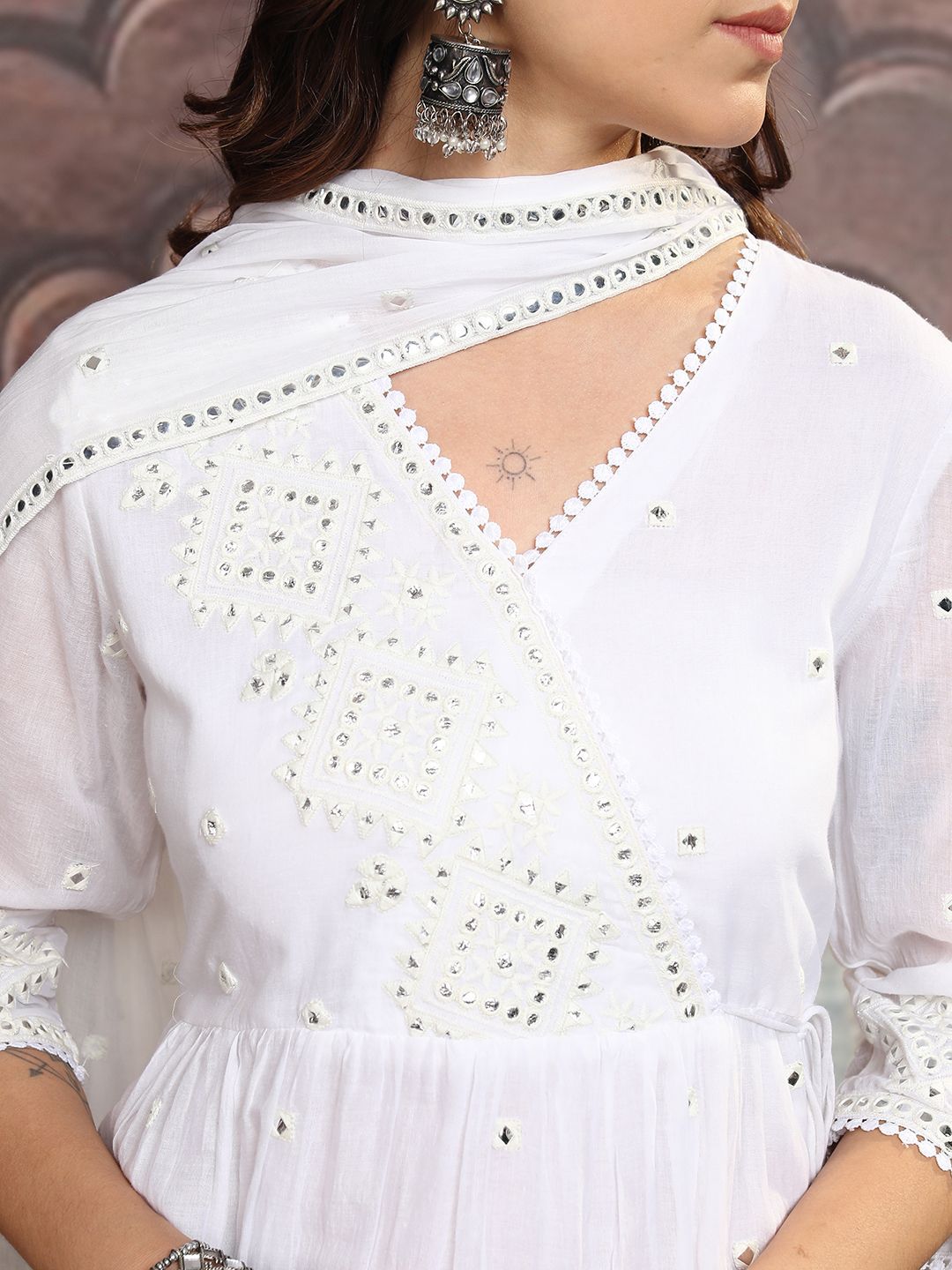 Vishudh White Embroidered Mirror Work Pure Cotton Kurta With Sharara & Dupatta