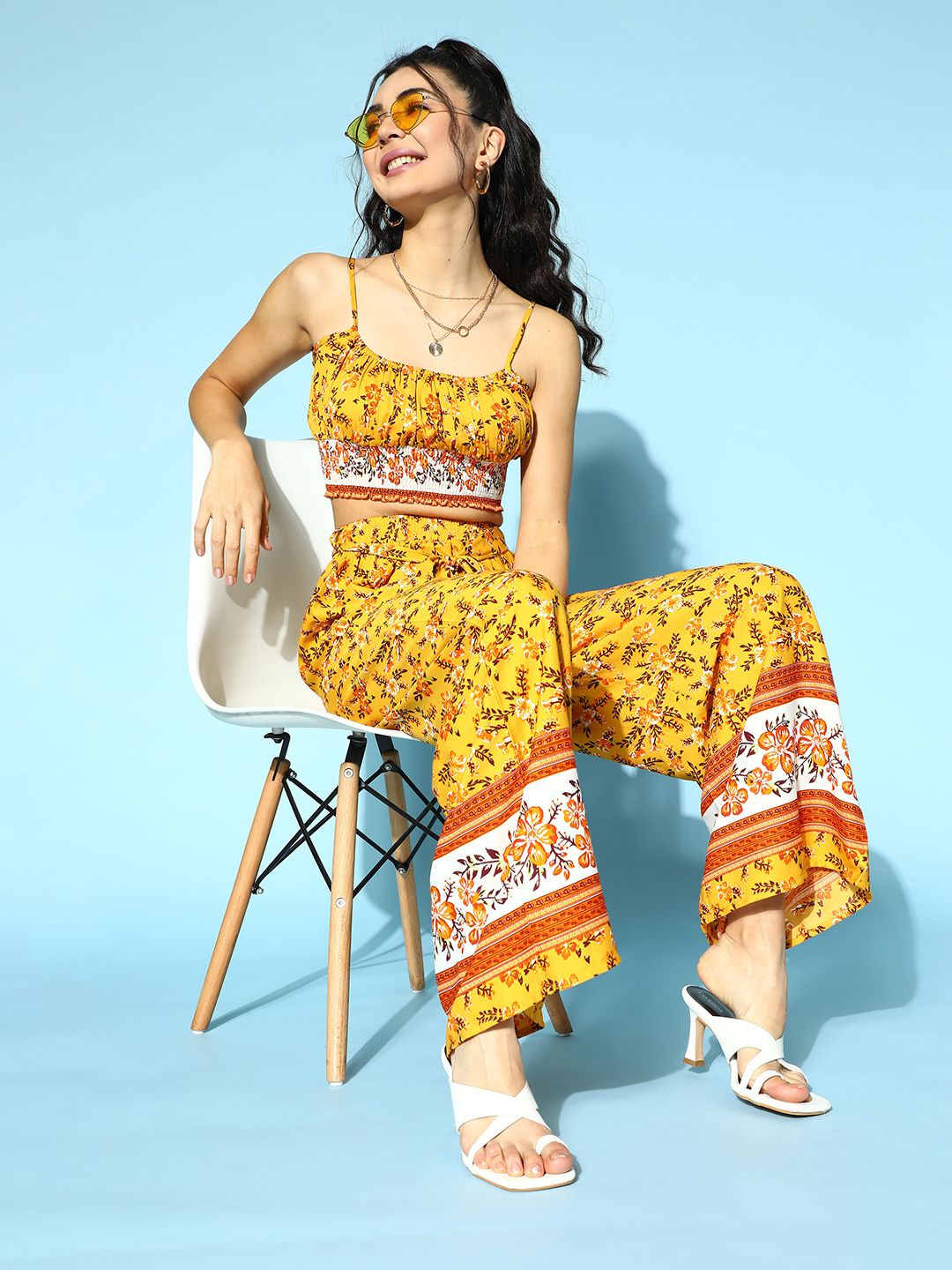 Berrylush Women Bright Yellow Printed Top with Trousers