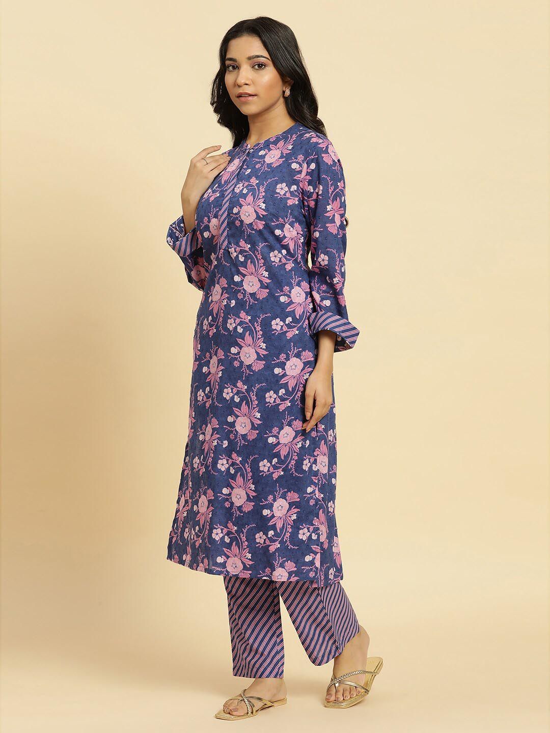 W Floral Printed Straight Pure Cotton Kurta with Trouser