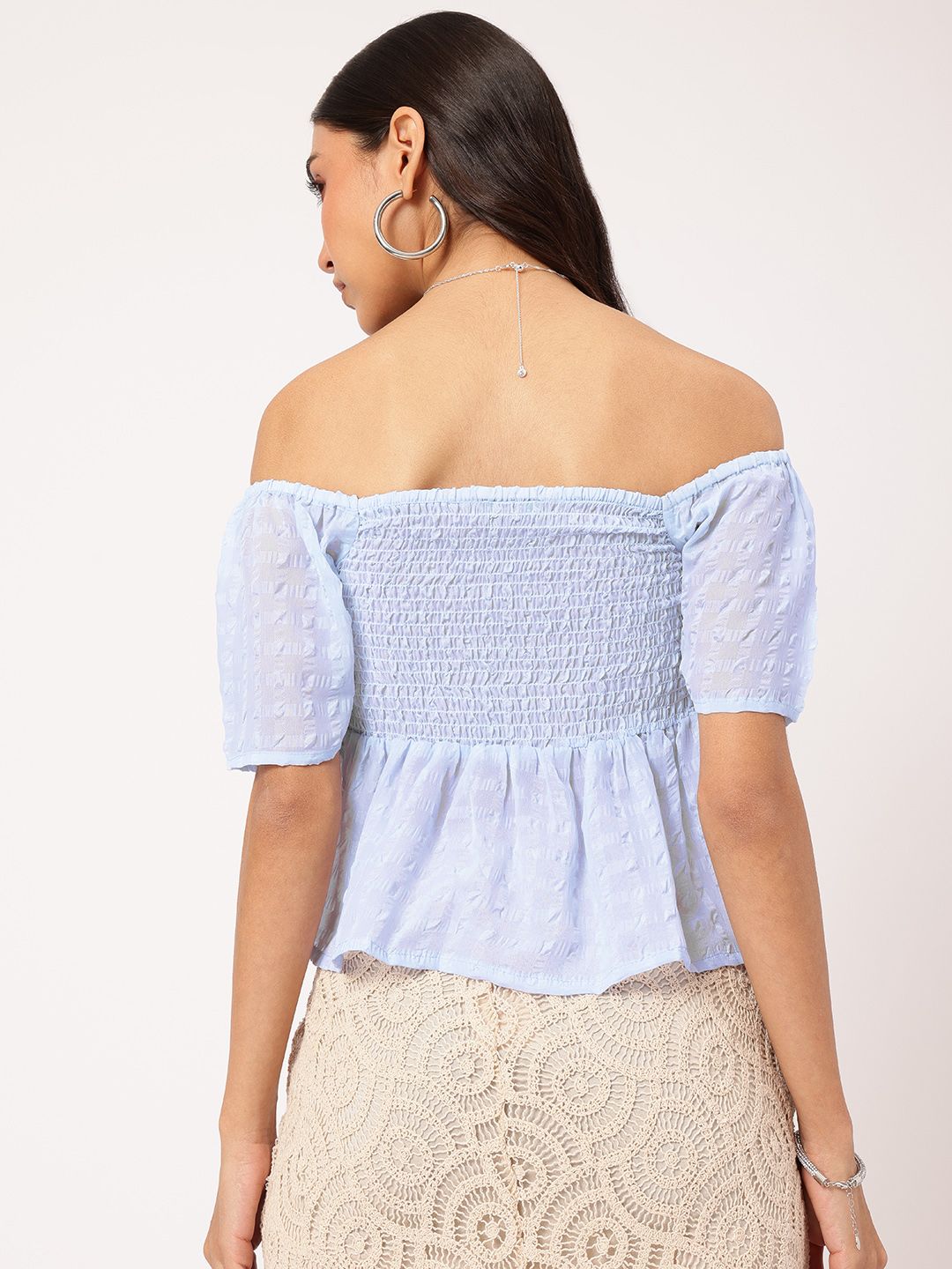 DressBerry Stylish Darling Smocked Off-Shoulder Textured Peplum Top