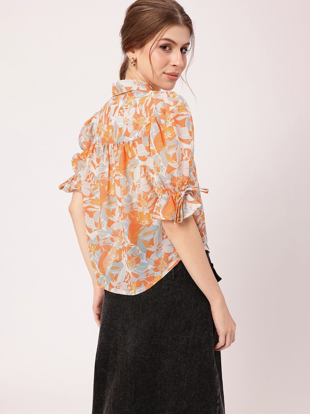 Holiday Charm Tropical Printed Puff Sleeves Shirt