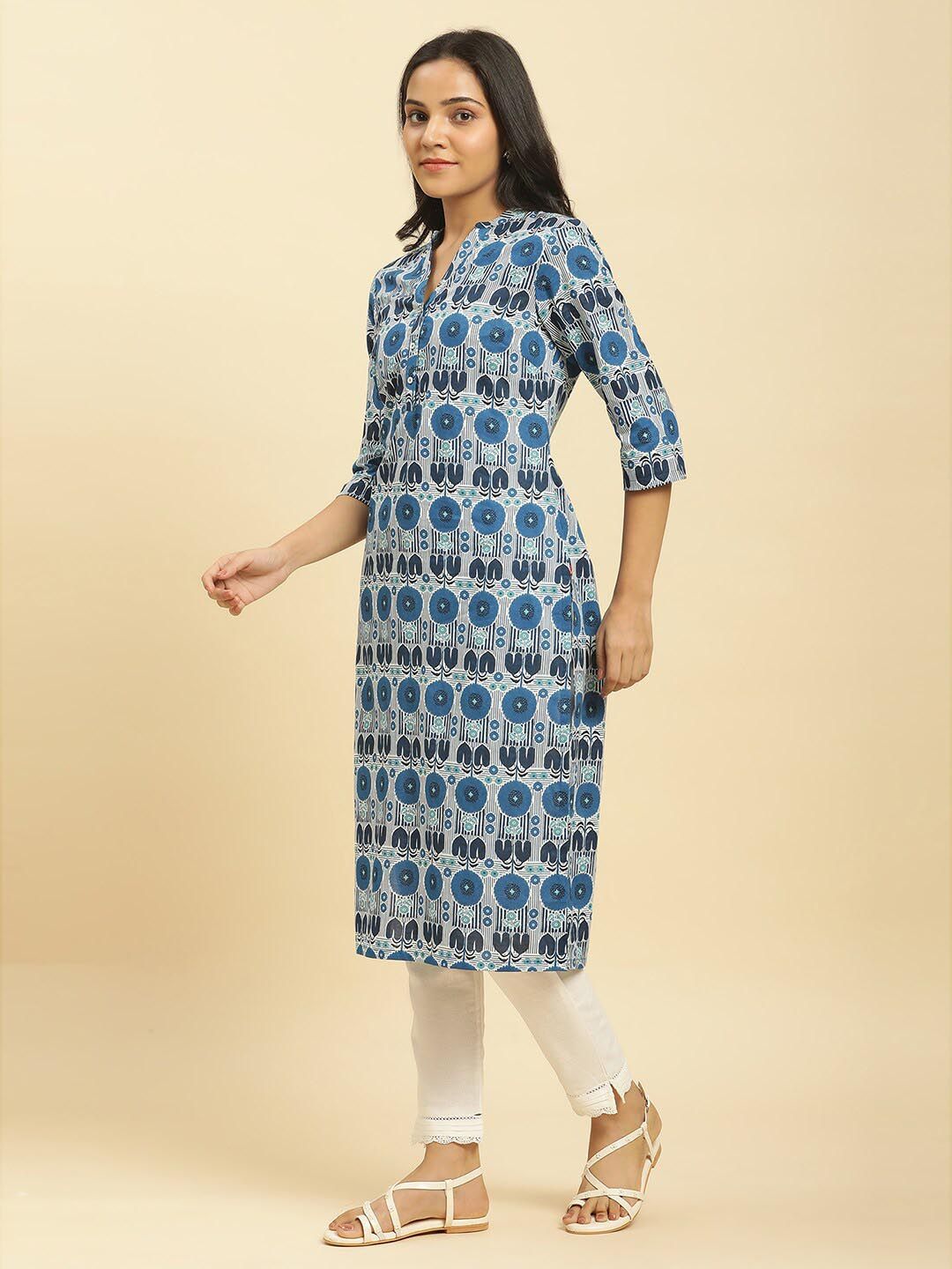 W Blue & White Geometric Printed Mandarin Collar Cotton A-Line Kurta