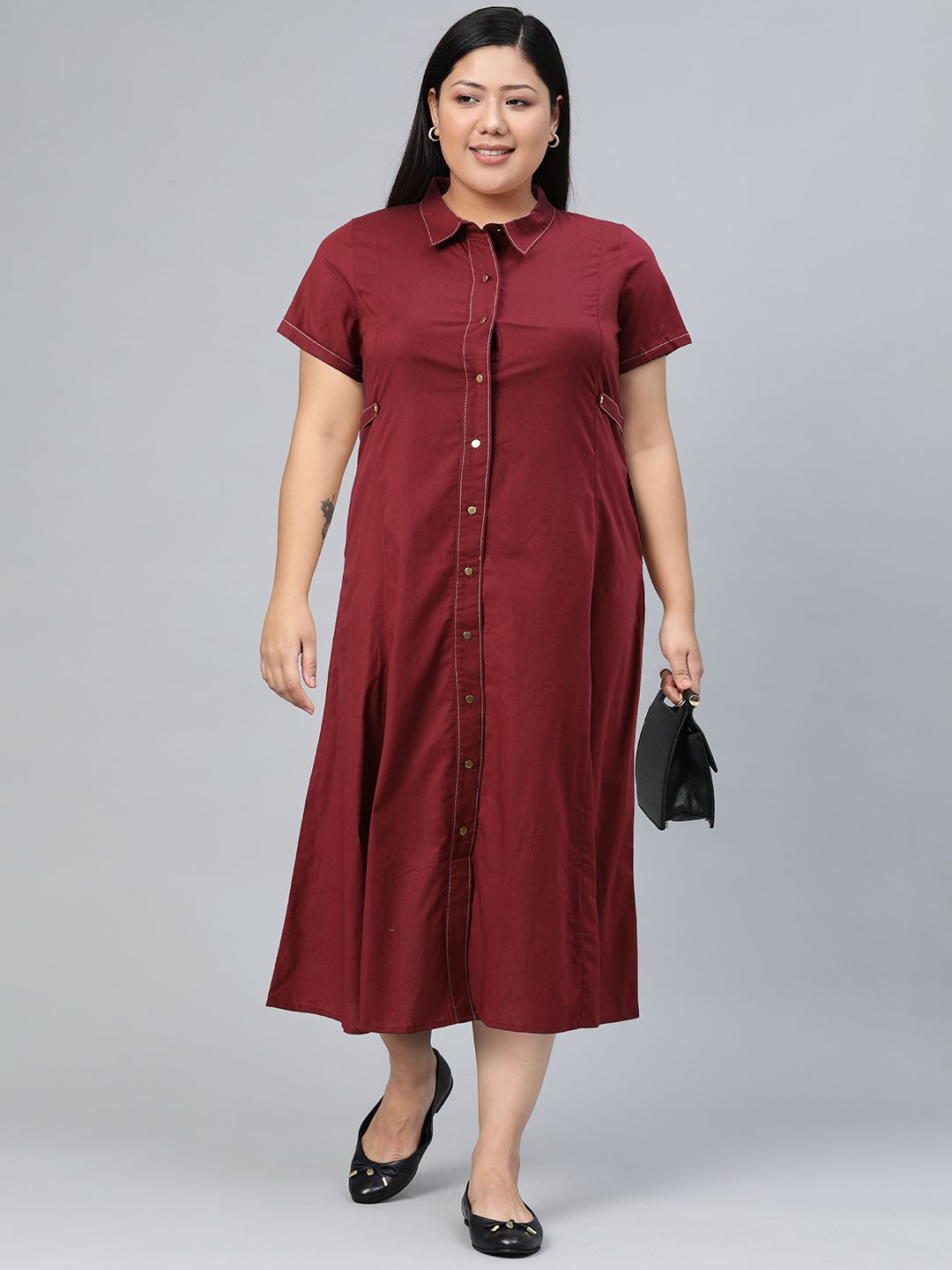 W Flared Hem Pure Cotton Shirt Maxi Dress