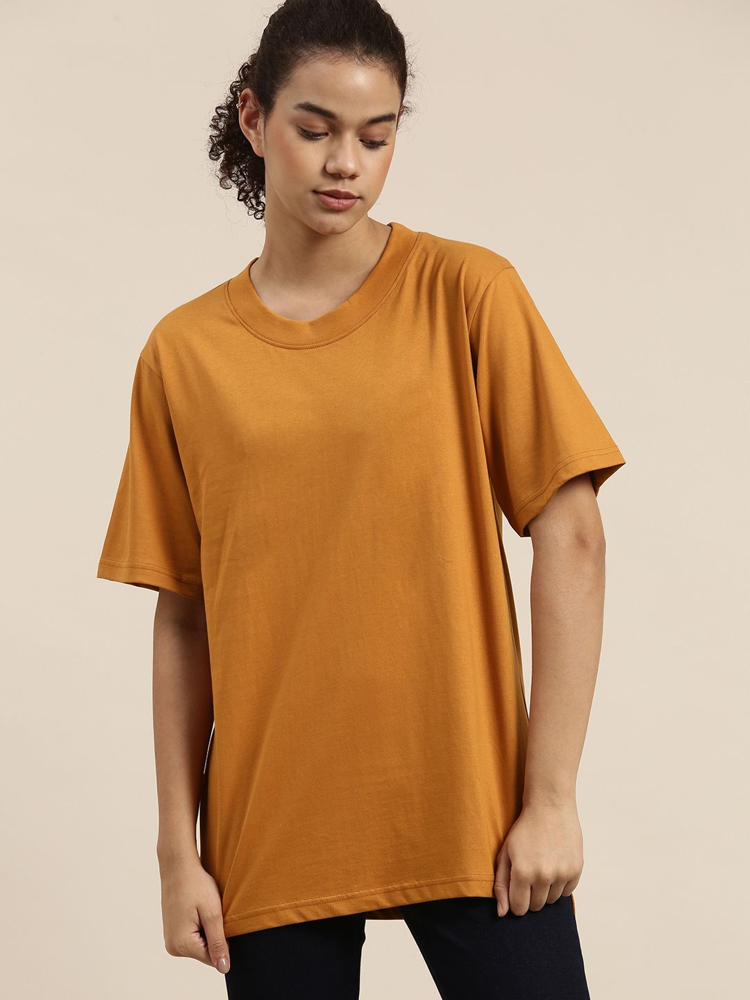 DILLINGER Women Mustard Yellow Pure Cotton Loose Pure Cotton T-shirt