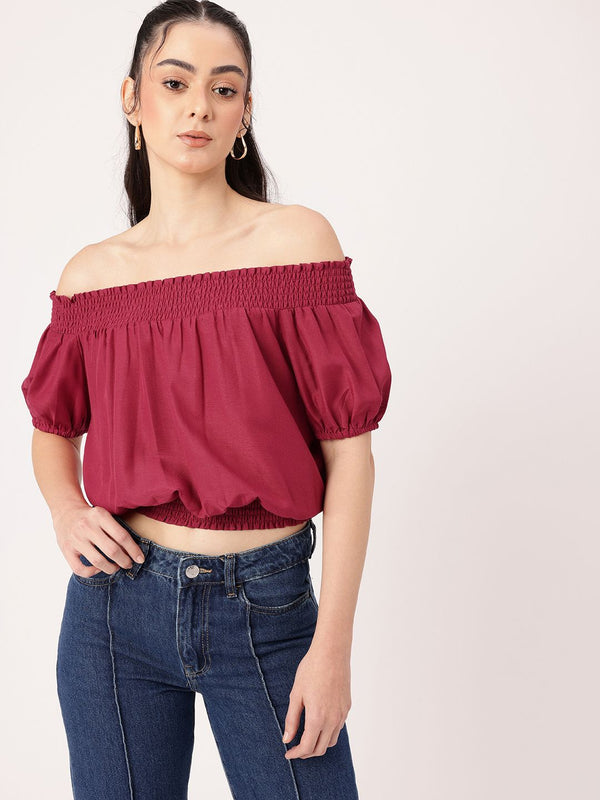 DressBerry Boho Chic Off Shoulder Smocked Blouson Crop Top