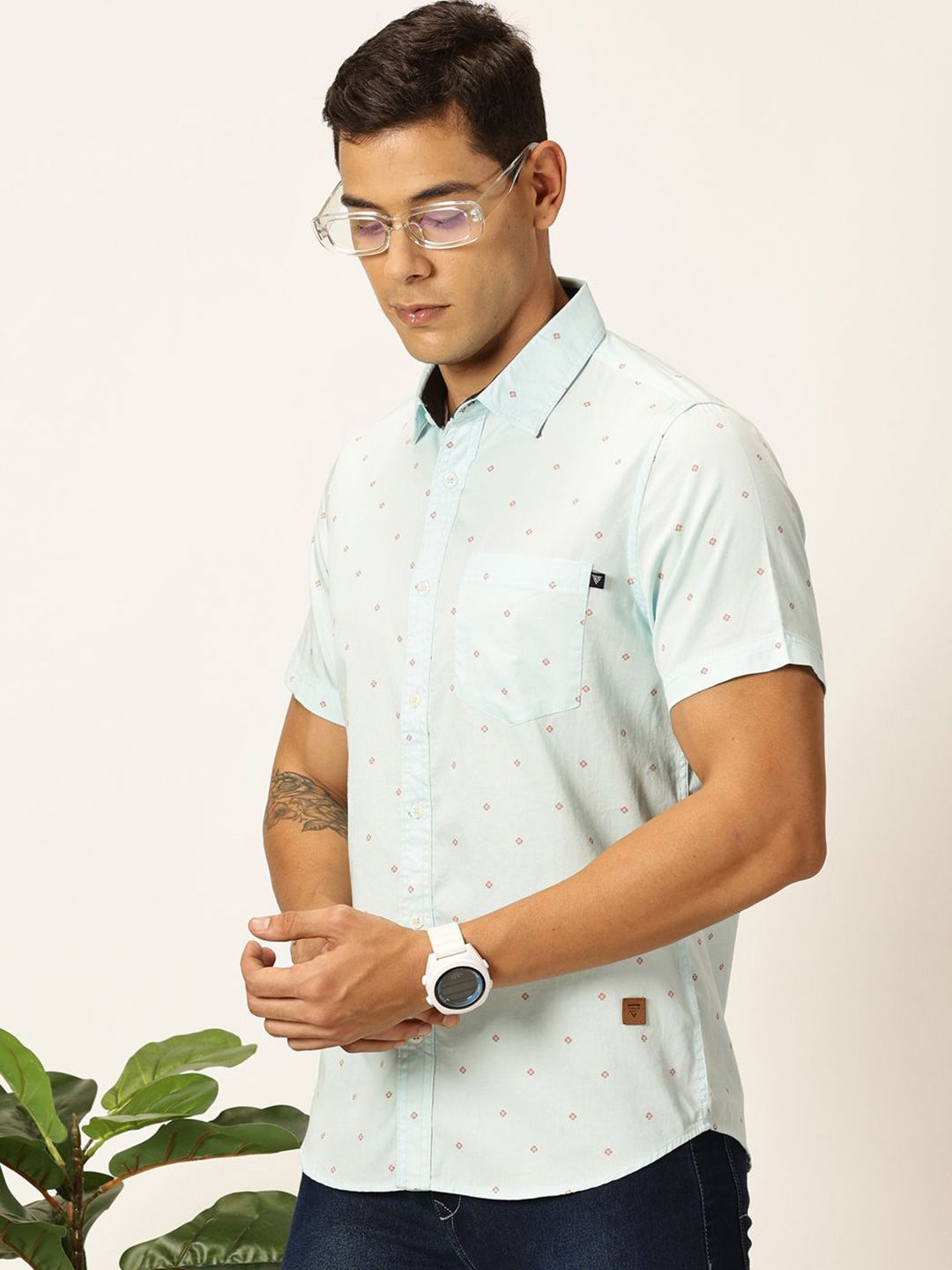 Thomas Scott Men Premium Spread Collar Micro Ditsy Printed Cotton Slim Fit Casual Shirt