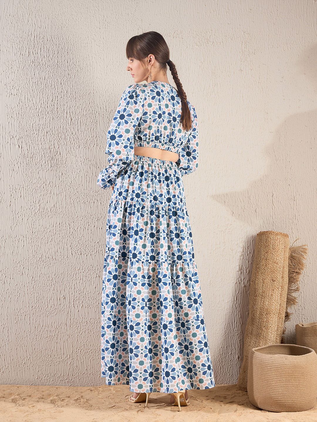 SASSAFRAS Teal Blue Floral Printed V Neck Cut Out Tiered Maxi Dress