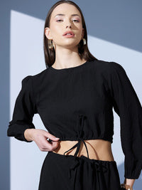 STREET 9 Black Puffed Sleeves Tie-Ups Jacquard Blouson Crop Top