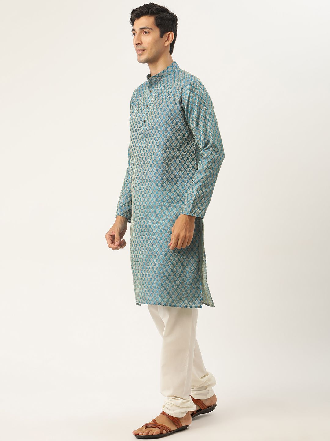 SOJANYA Lelaki Kurta Motif Etnik Biru Teal & Mustard Kuning dengan Jaket Churidar & Nehru