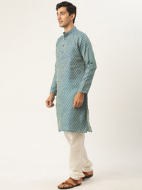 SOJANYA Lelaki Kurta Motif Etnik Biru Teal & Mustard Kuning dengan Jaket Churidar & Nehru