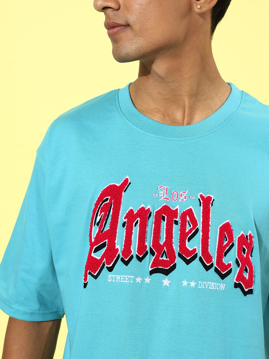Difference of Opinion Men Blue Typography Embroidered Oversize Pure Cotton Longline T-shirt