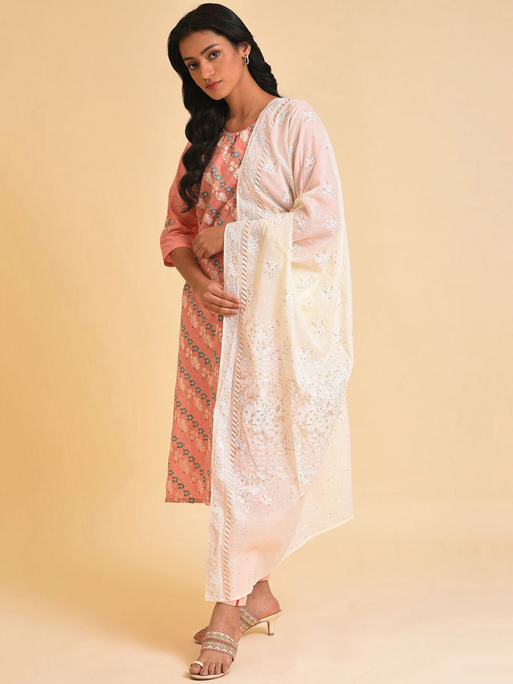 W Pink Floral Printed Thread Work Pure Cotton Kurta With Leggings with Dupatta