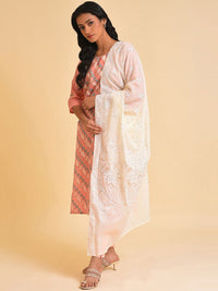 W Pink Floral Printed Thread Work Pure Cotton Kurta With Leggings with Dupatta