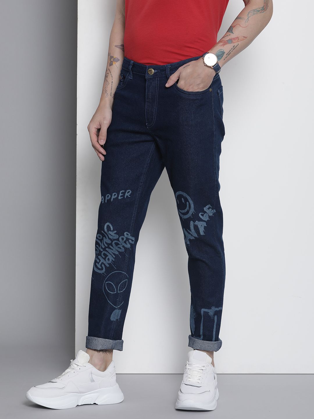 The Indian Garage Co Men Navy Blue Slim Fit Printed Stretchable Jeans