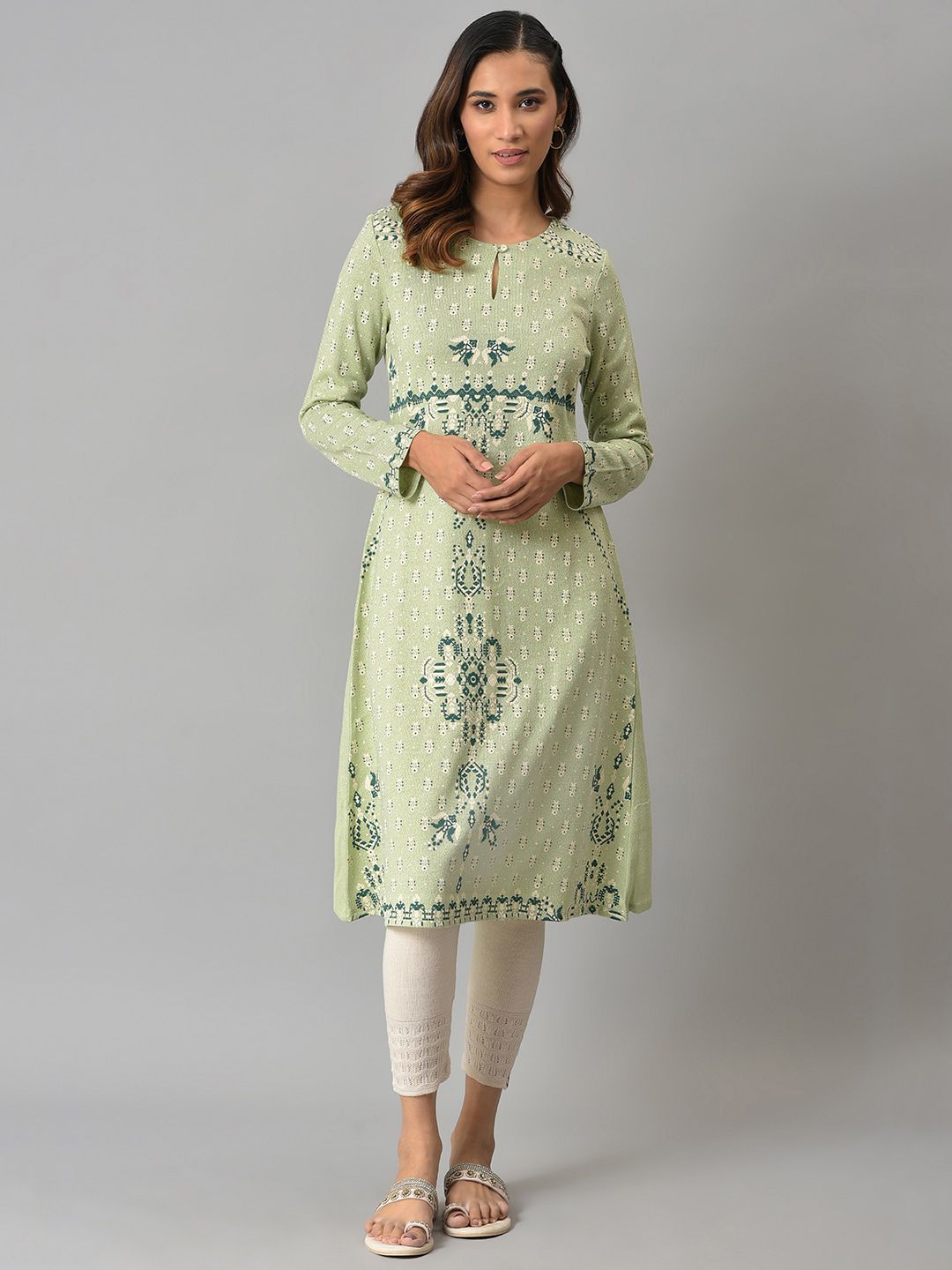 W Women Green Ethnic Motifs Keyhole Neck Woven Design Kurta