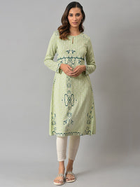 W Women Green Ethnic Motifs Keyhole Neck Woven Design Kurta