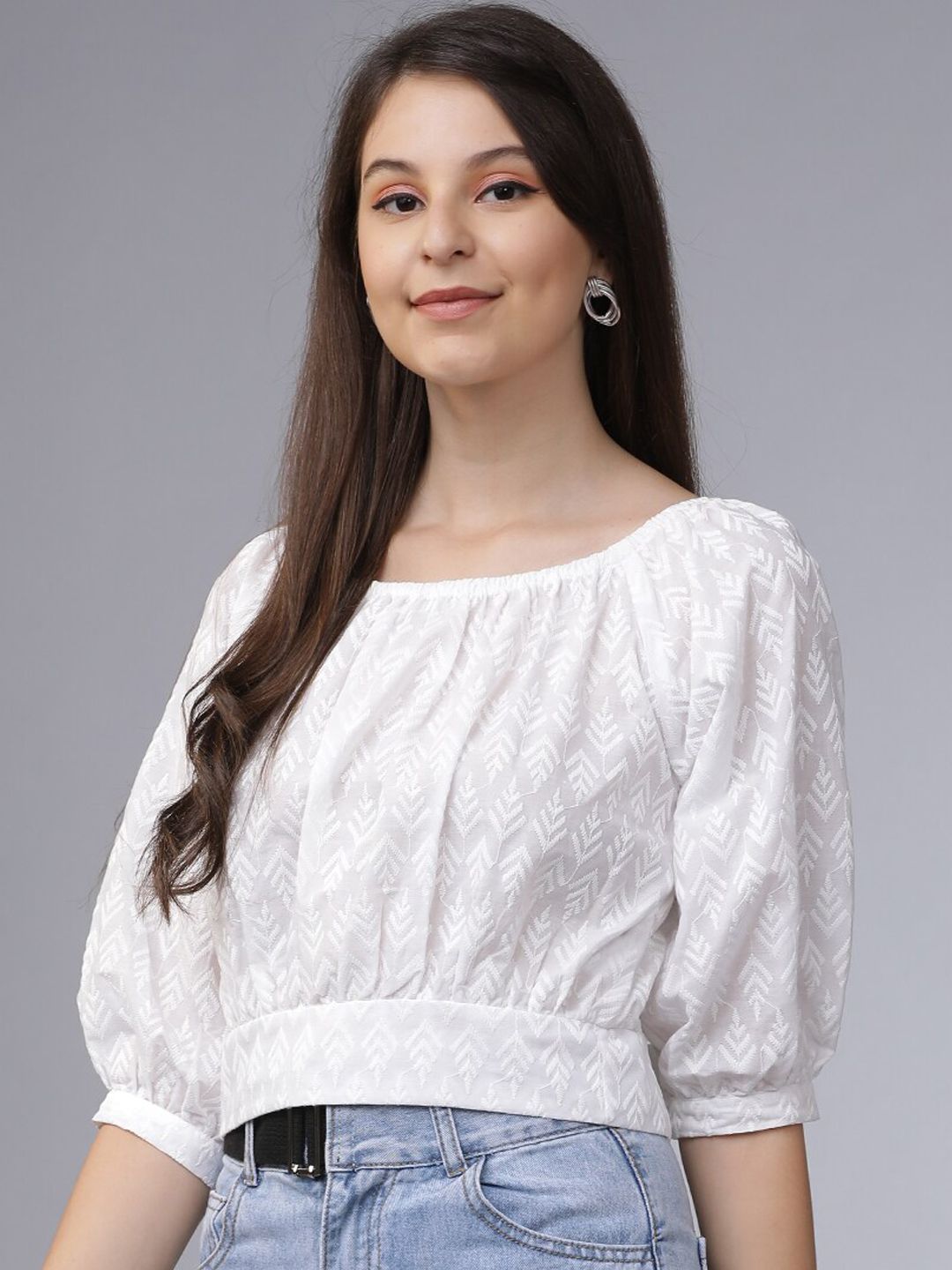 Tokyo Talkies White Embroidered Crop Top