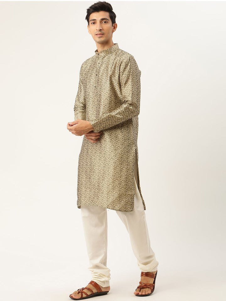 SOJANYA Men Beige & Orange Ethnic Motifs Woven Design Kurta with Churidar & Nehru Jacket