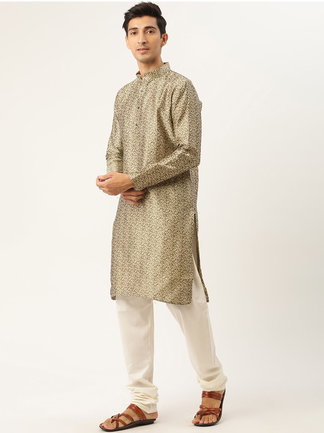 SOJANYA Men Beige & Orange Ethnic Motifs Woven Design Kurta with Churidar & Nehru Jacket