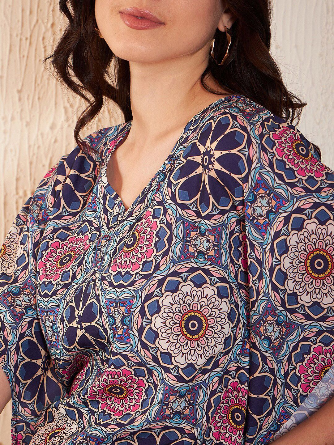 DENNISON Ethnic Motif Printed Batwing Sleeve Ethnic Crepe Kaftan Top