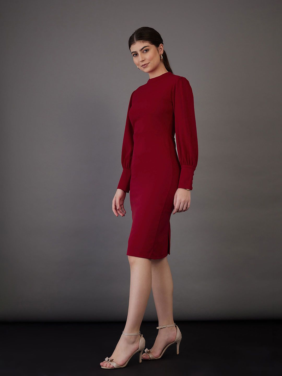 SASSAFRAS worklyf High Neck Puff Sleeves Formal Sheath Dress