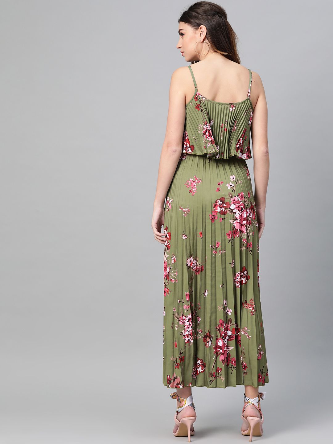SASSAFRAS Olive Green & Pink Accordion Pleat Printed Maxi Dress
