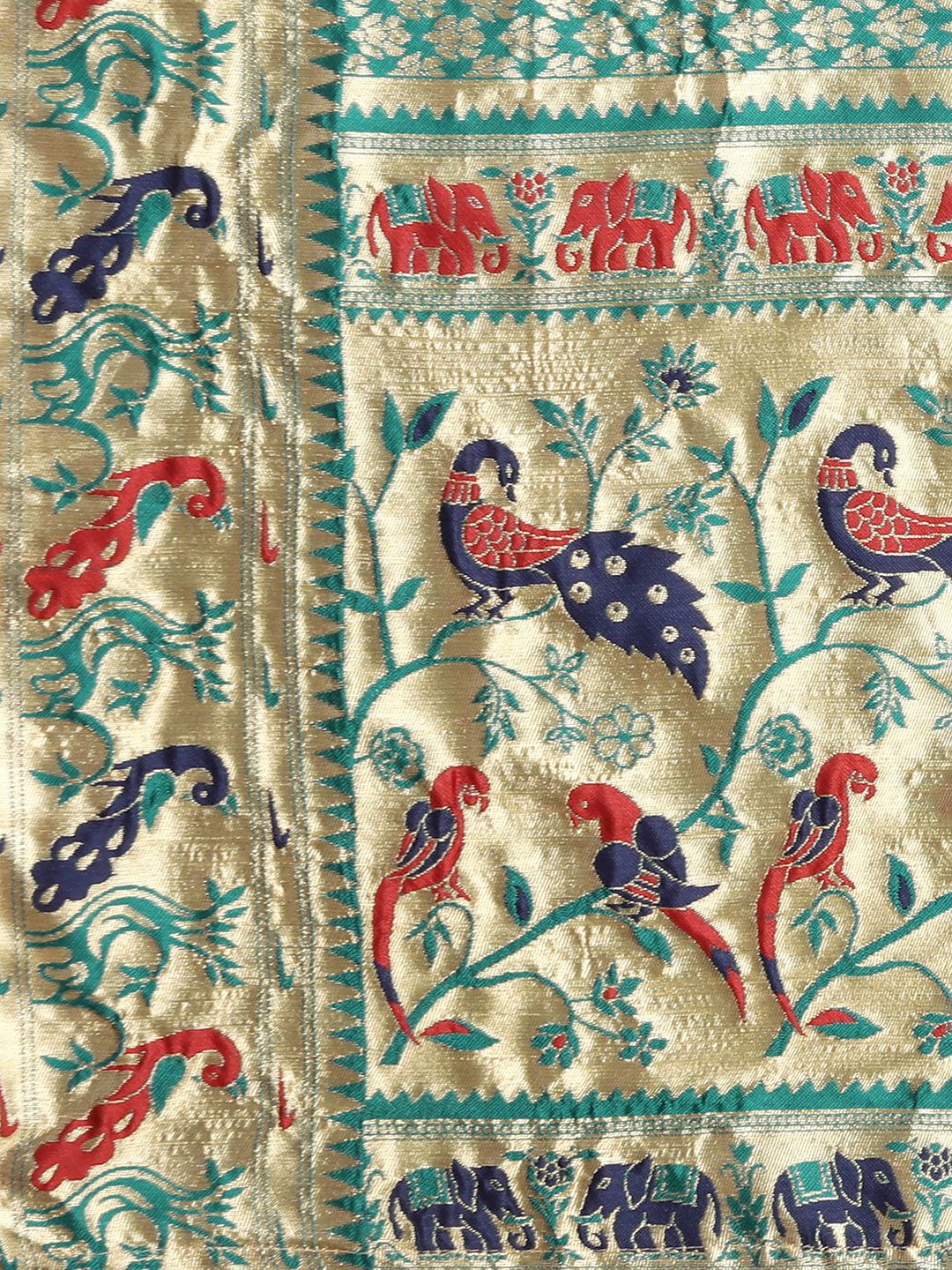 Saree mall Teal & Red Woven Design Zari Silk Blend Paithani Sarees