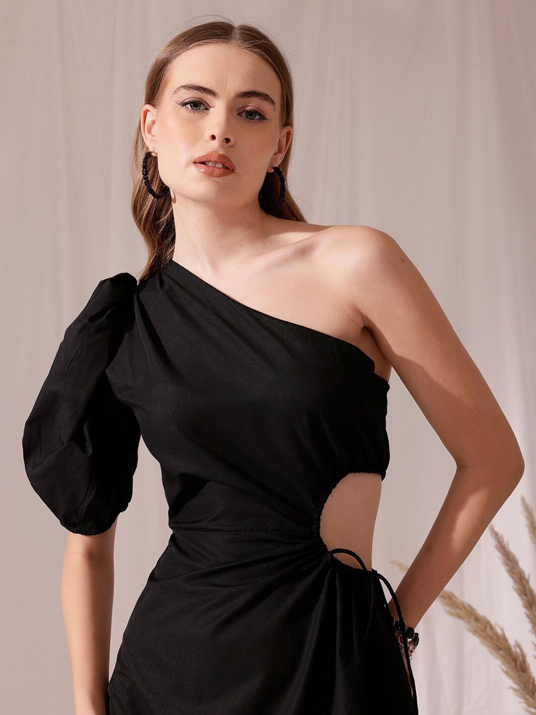 STREET 9 One Shoulder Puff Sleeves Cotton Fit & Flare Midi Dress
