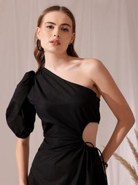 STREET 9 One Shoulder Puff Sleeves Cotton Fit & Flare Midi Dress