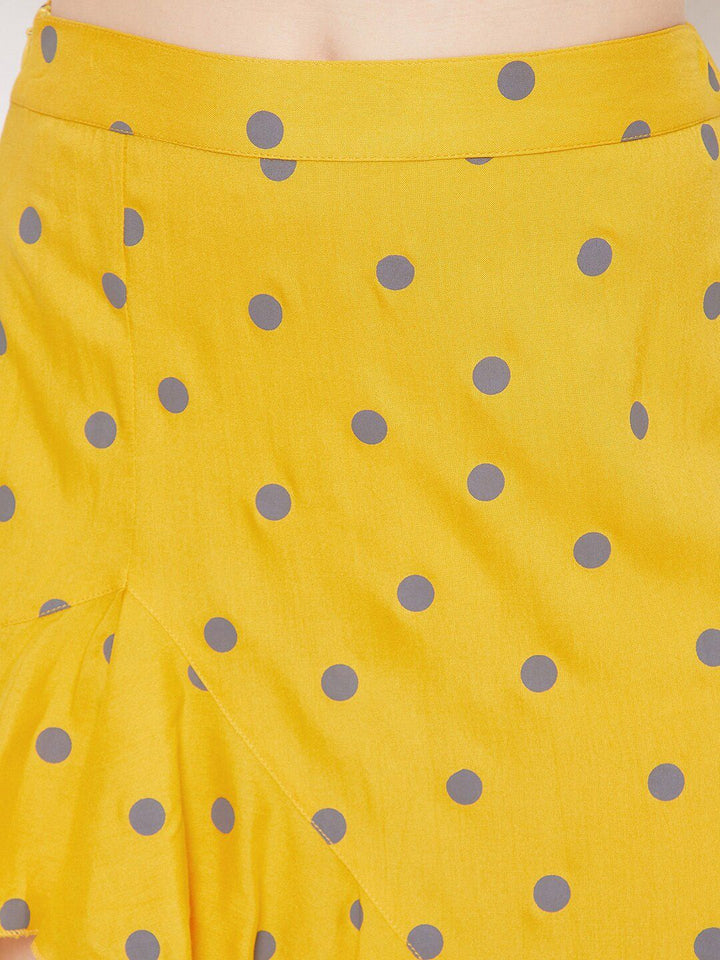 Berrylush Women Yellow & Purple Polka Dot Printed A-line Midi Asymmetric Ruffled Hem Skirt