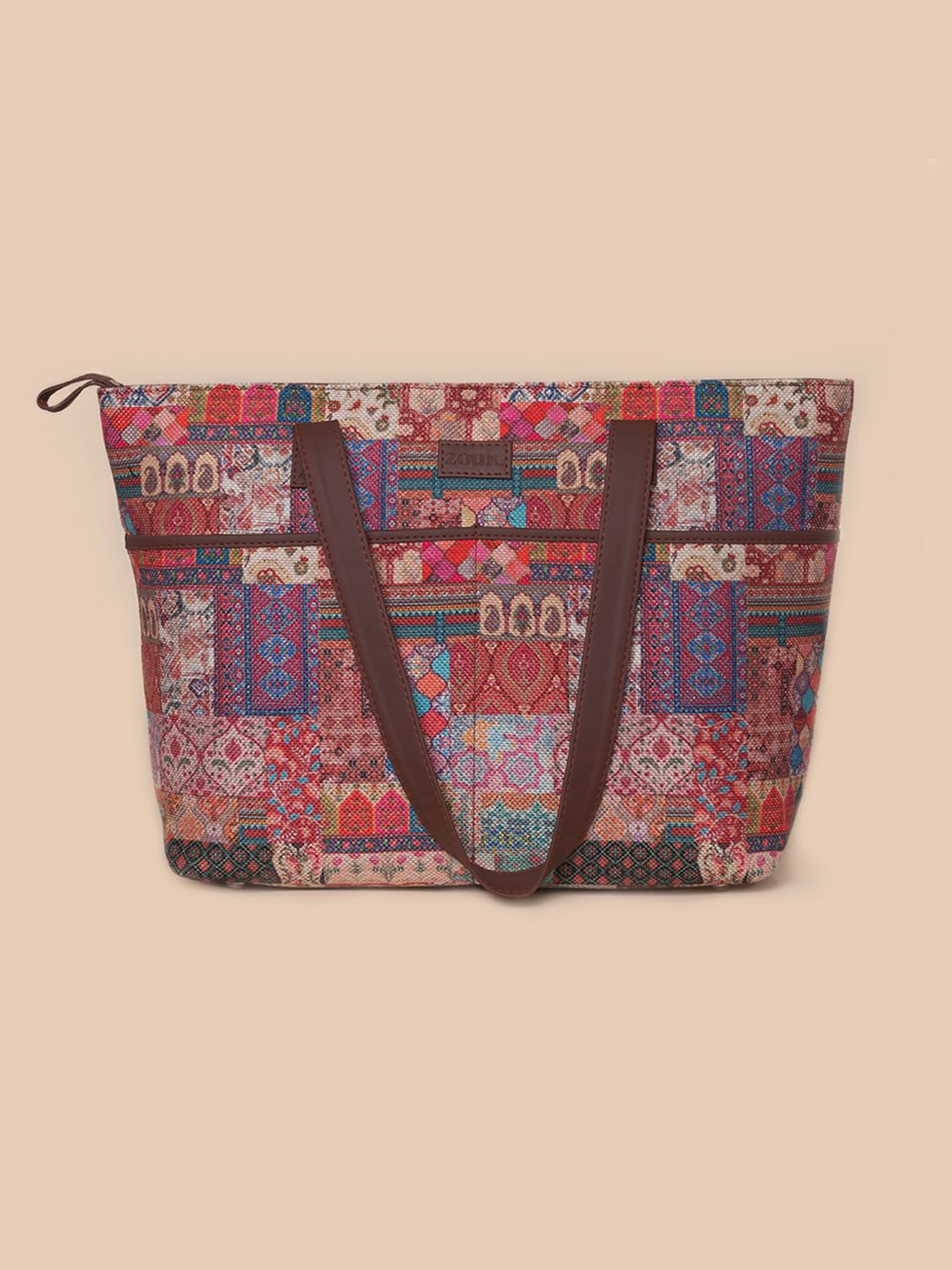 ZOUK Brown & Red Printed Structured Tote Bag