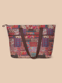 ZOUK Brown & Red Printed Structured Tote Bag