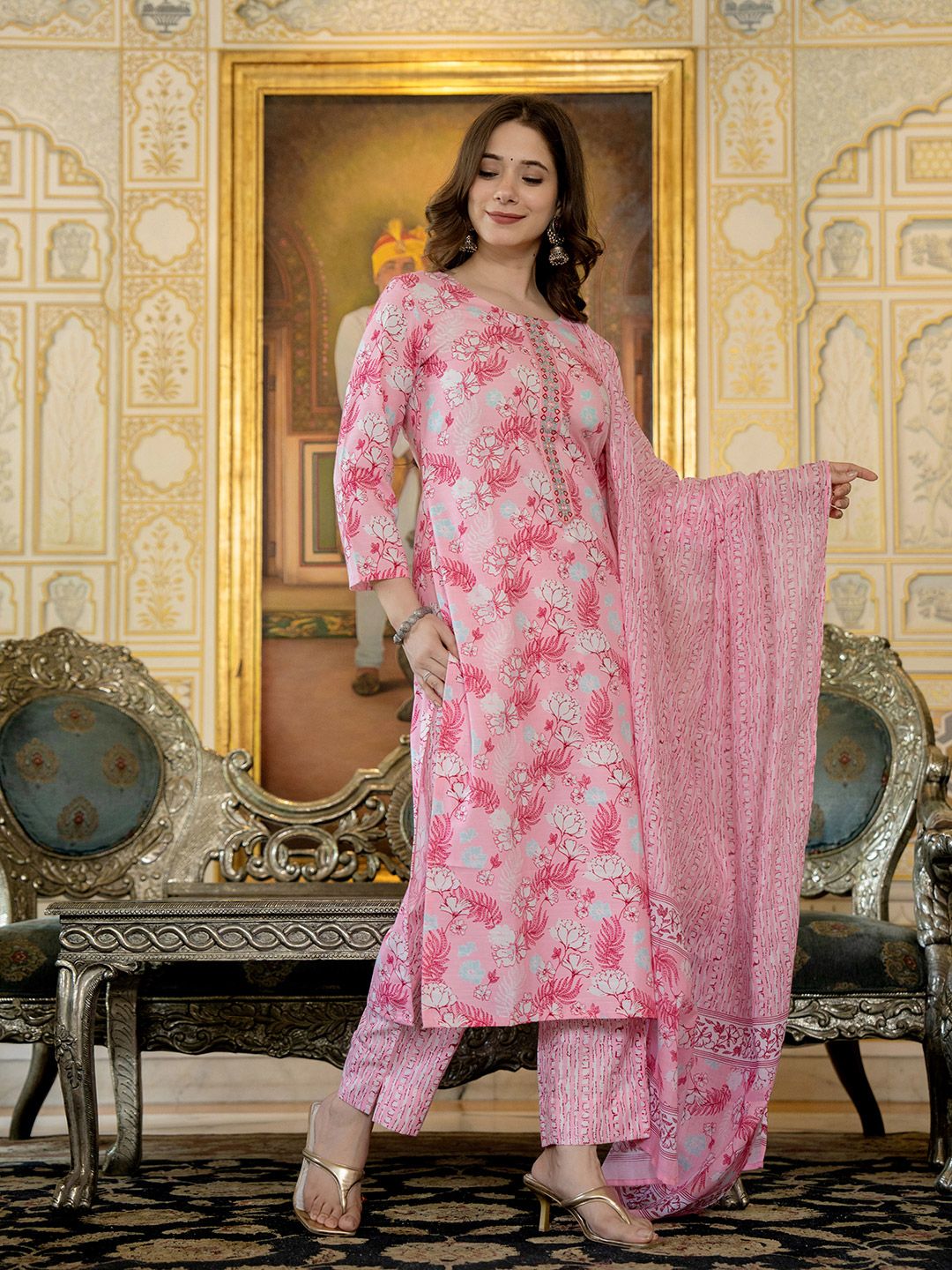 KALINI Floral Printed Thread Work Straight Kurta with Trousers & Dupatta