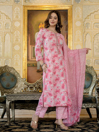 KALINI Floral Printed Thread Work Straight Kurta with Trousers & Dupatta