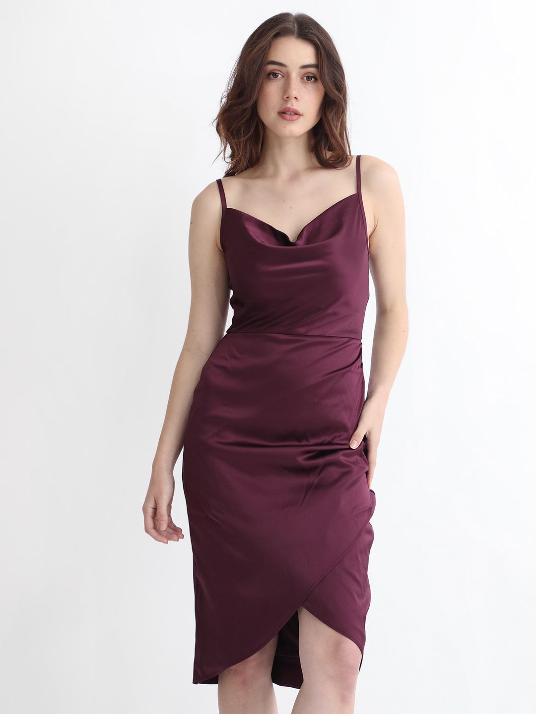 RAREISM Shoulder Straps Sleeveless Gathered Detail Satin Slip-On Sheath Dress