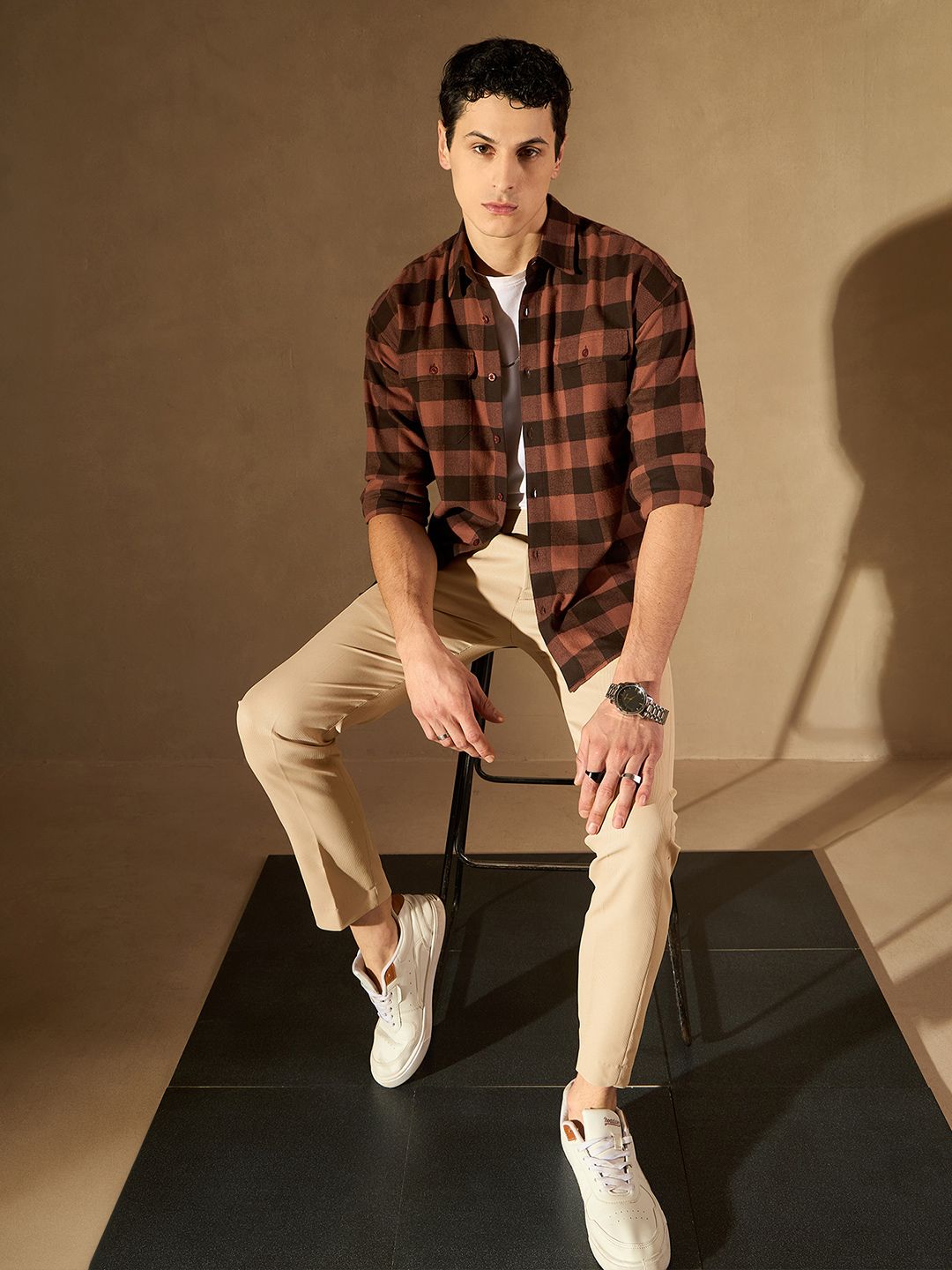 DENNISON Men Beige-Coloured Self Design Tapered Fit Trouser