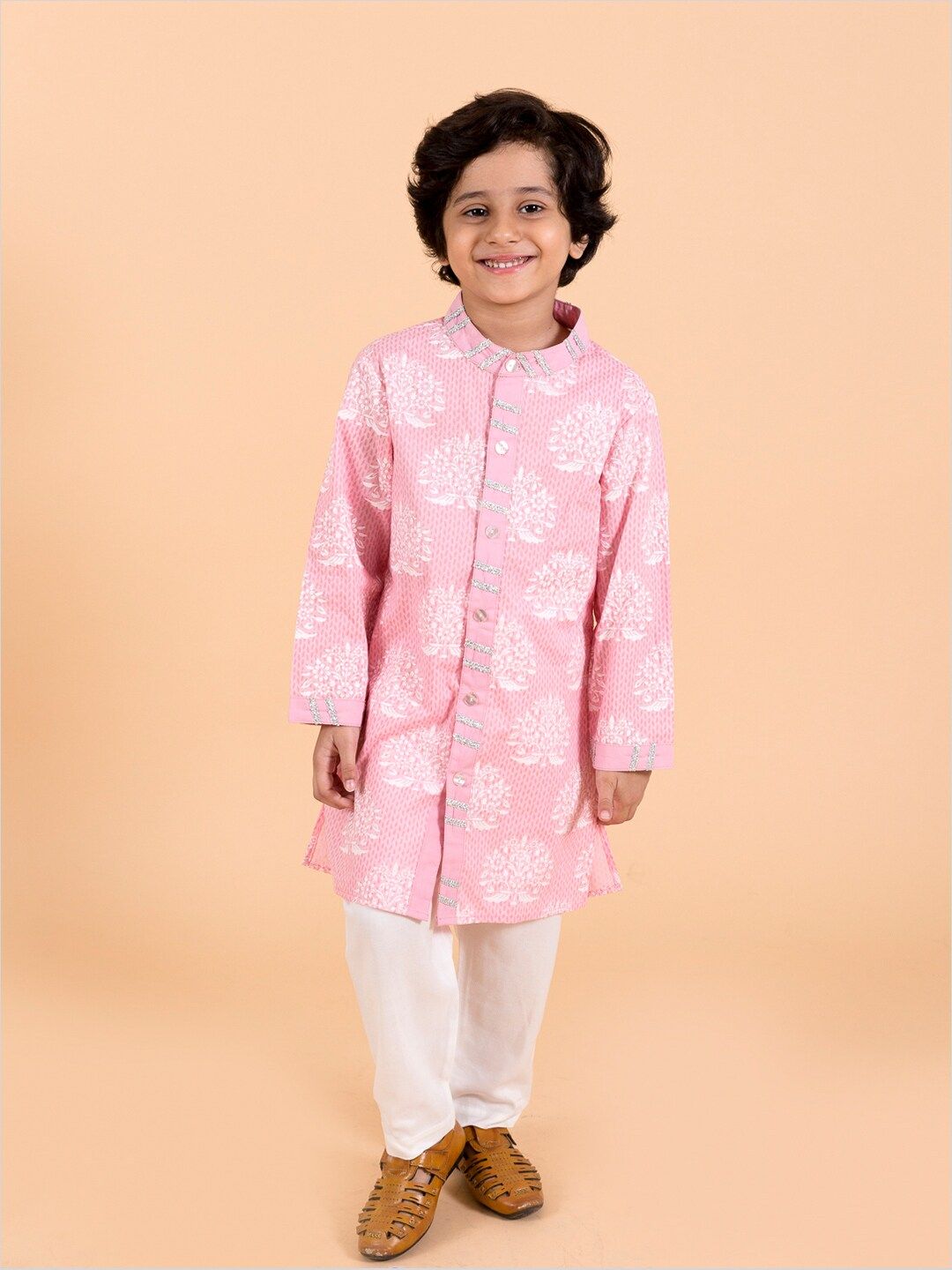 pspeaches Boys Pink Floral Printed Panelled Pure Cotton Kurta with Pyjamas