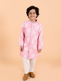 pspeaches Boys Pink Floral Printed Panelled Pure Cotton Kurta with Pyjamas