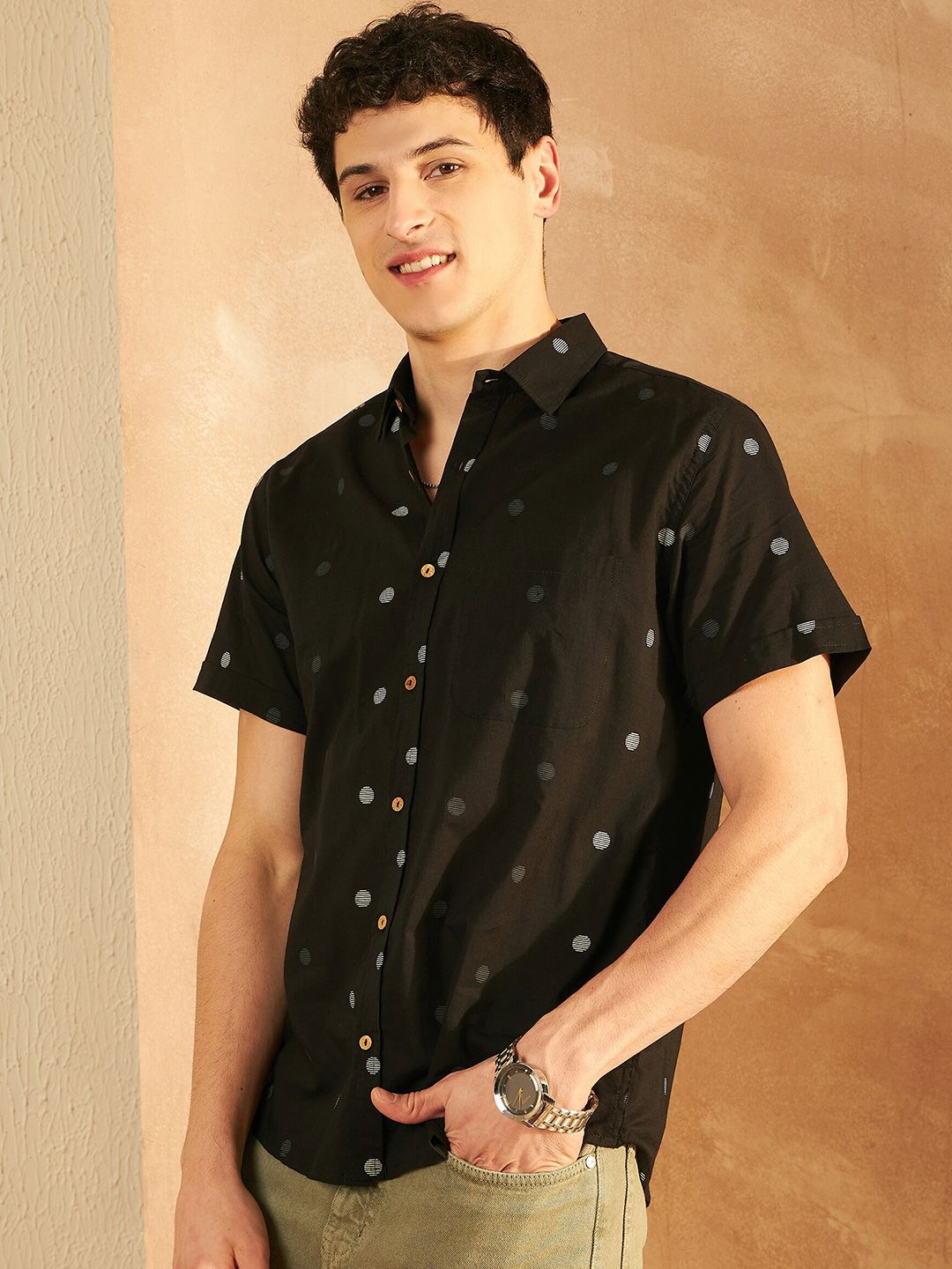 DENNISON Smart Polka Dot Printed Spread Collar Cotton Oversized Lightweight Shirt