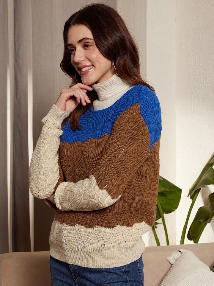 Berrylush Colourblocked Turtle Neck Acrylic Pullover Sweater