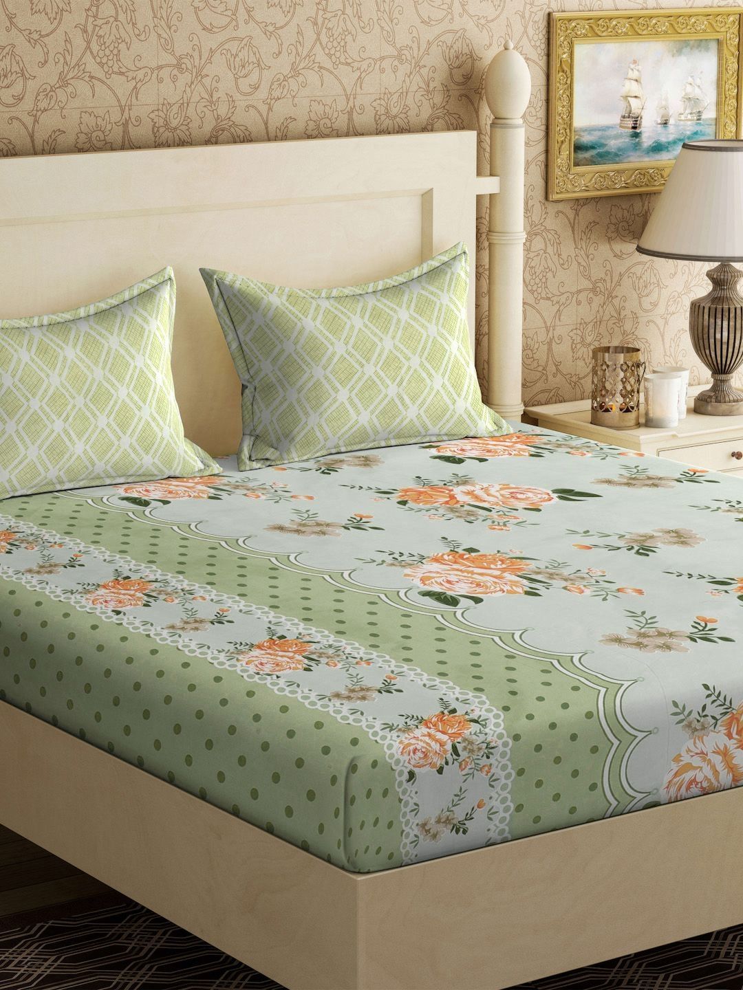 KLOTTHE Green & Orange Colored Printed 300TC King Double Bedsheets with 2 pillow cover