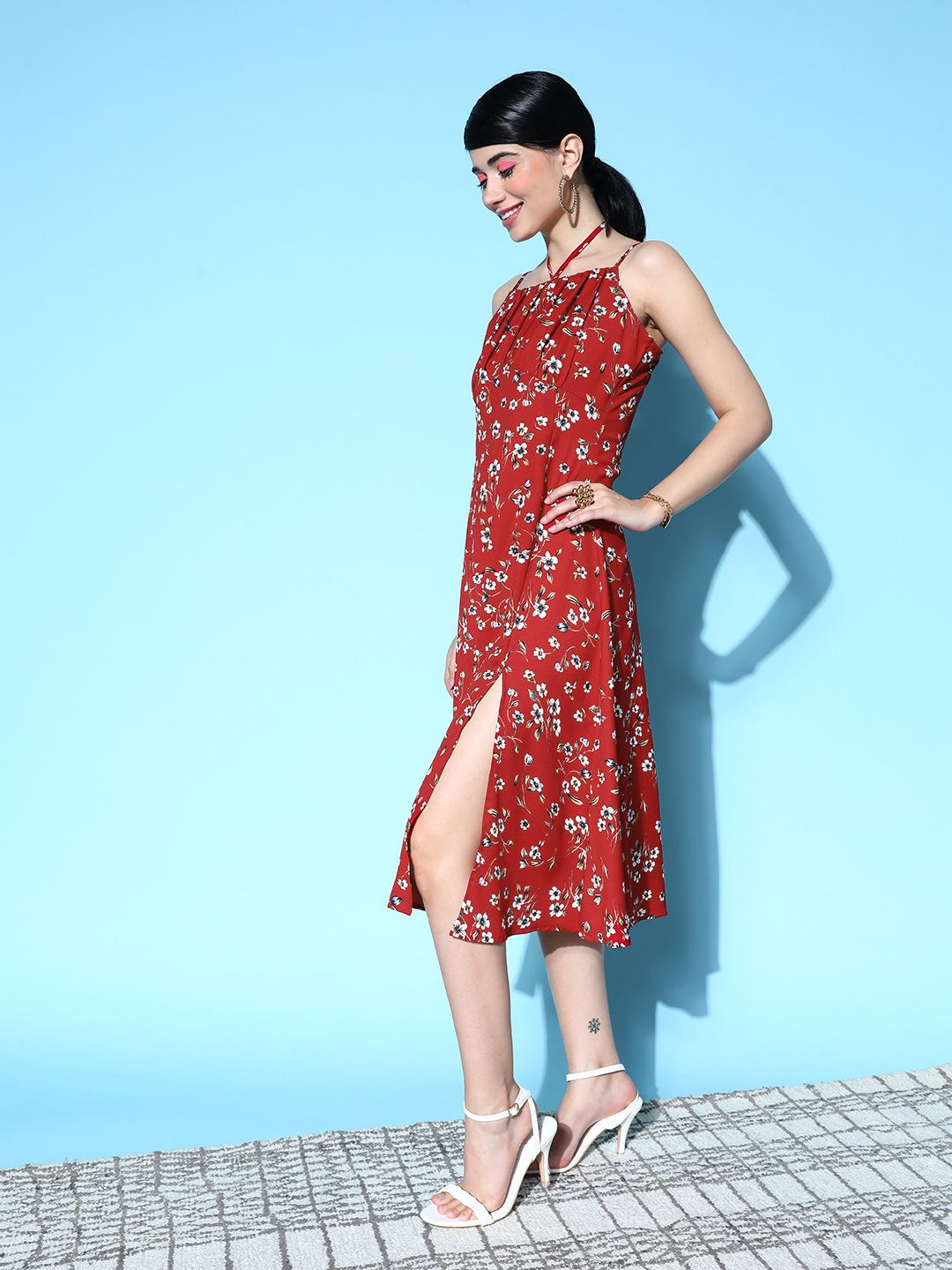 Berrylush Red & White Floral Ruched Bust Slit Hem Cami Dress