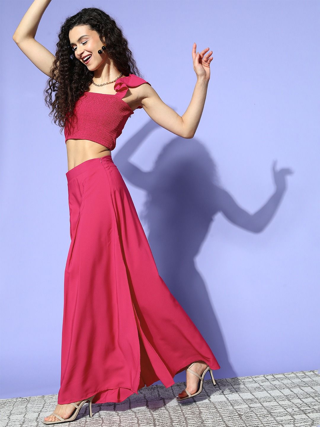 Berrylush Women Pink Solid Top with Skirt