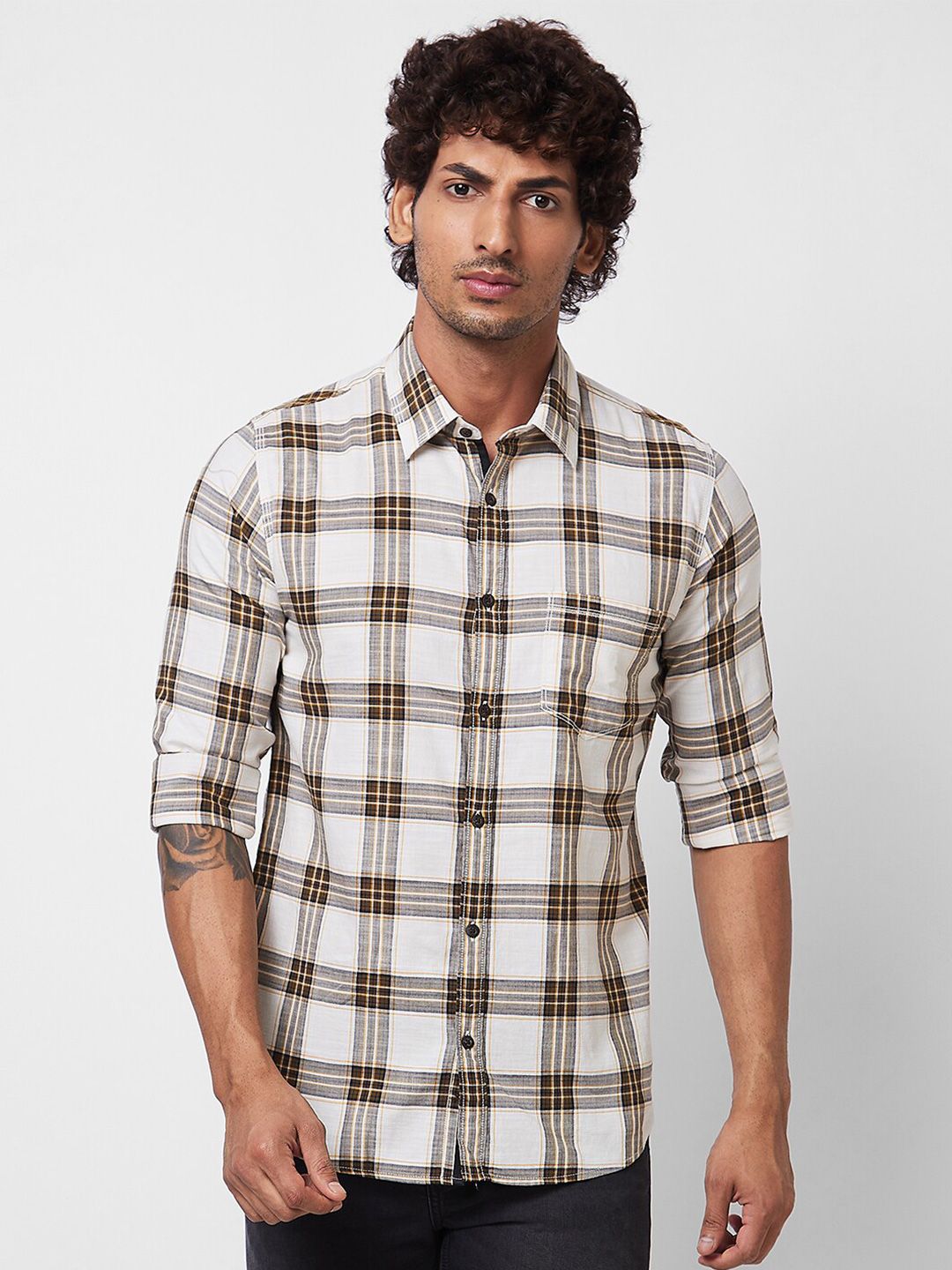 SPYKAR Long Sleeves Regular Fit Tartan Checks Opaque Checked Pure Cotton Casual Shirt