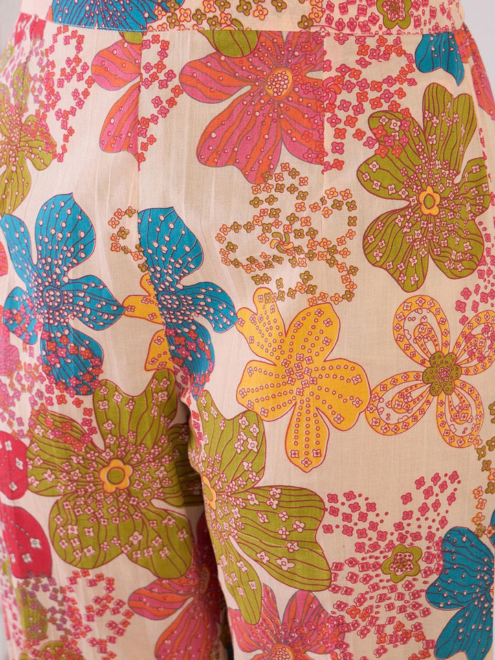 Indo Era Floral Printed Mandarin Collar Pure Cotton A-Line Kurta With Trouser