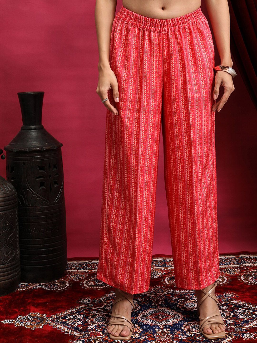 Vishudh Pink Ethnic Motifs Printed V-Neck Straight Kurta with Palazzos