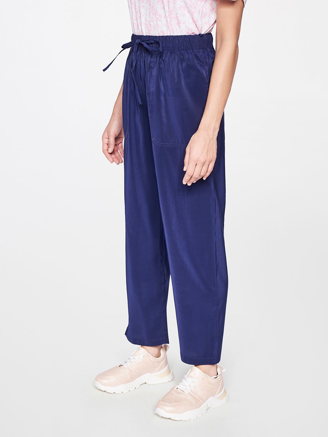 AND Women Navy Blue Straight Fit Pleated Trousers