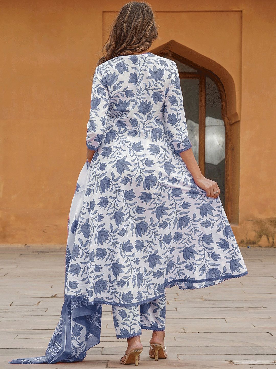 KALINI Floral Printed Square Neck Pure Cotton Anarkali Kurta with Trousers & Dupatta