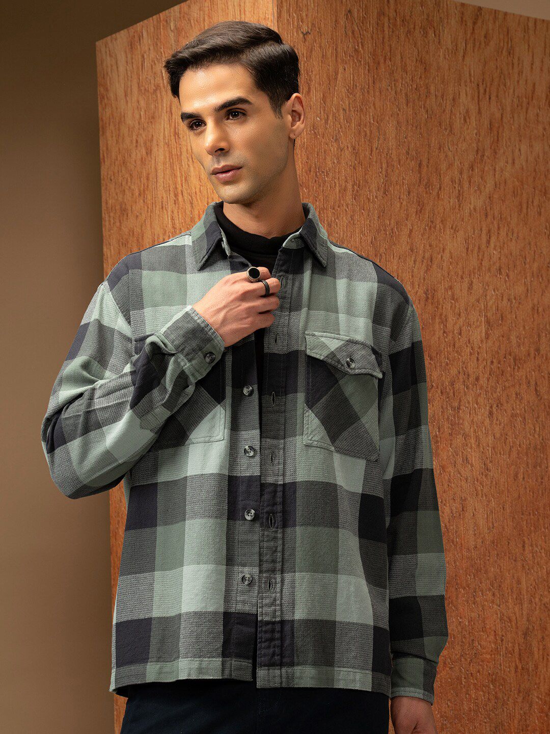 Locomotive Premium Men Green Oversized Dobby Textured Checked Utility Pocket Overshirt