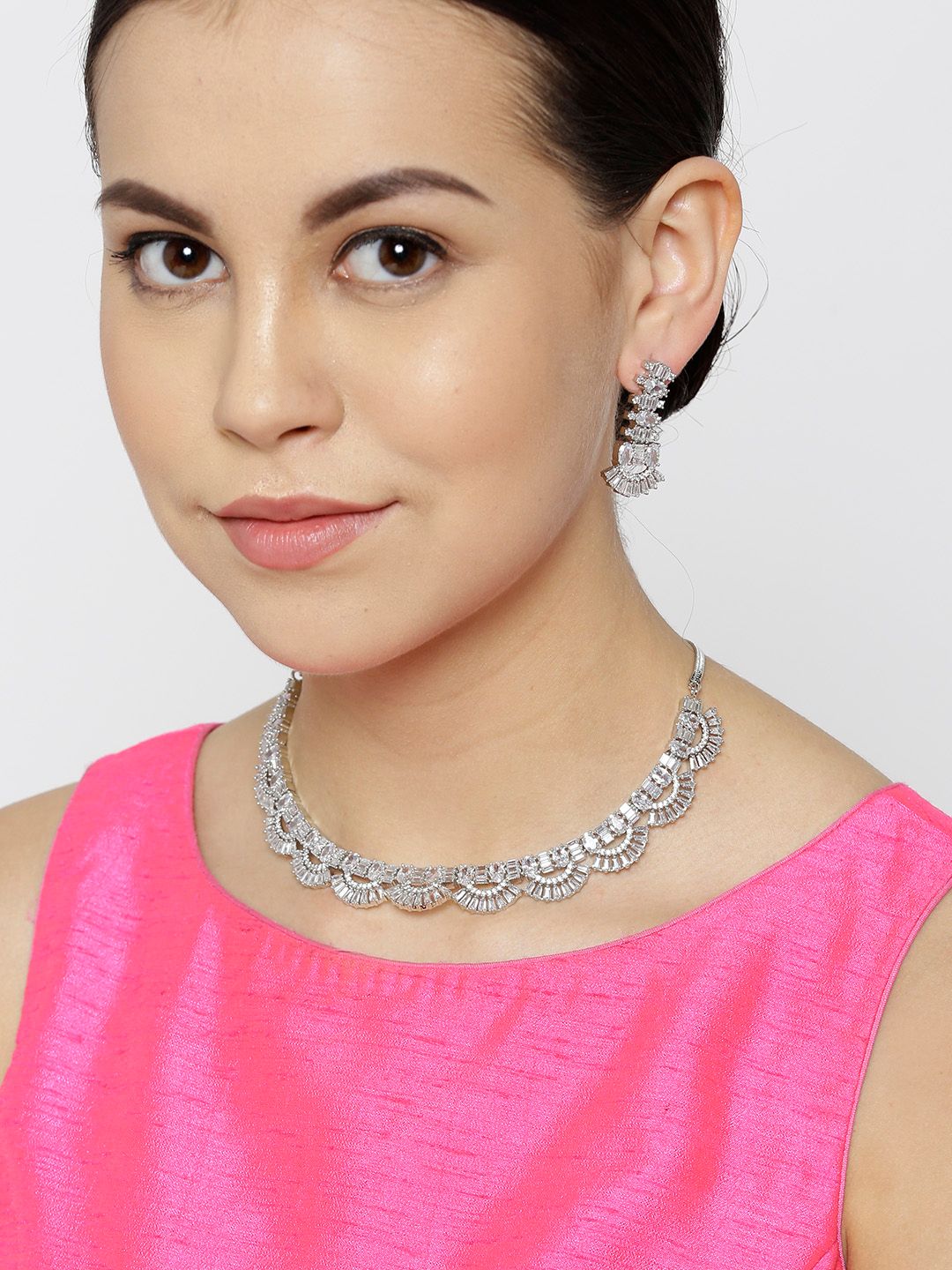 Priyaasi Silver-Plated American Diamond Studded Jewellery Set